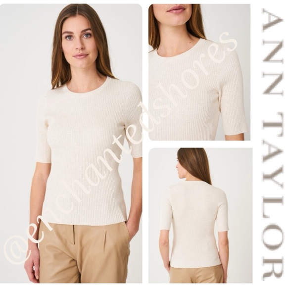 Ribbed Knit Top Short Sleeve All Season Essential Sweater Ivory Cream Size Large - Picture 14 of 14